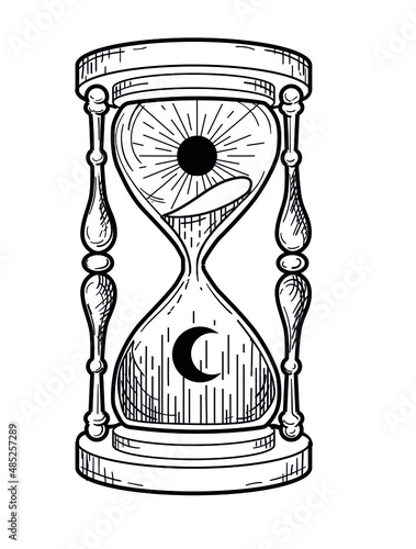 Vector graphic illustration of vintage hourglass with sun and moon.