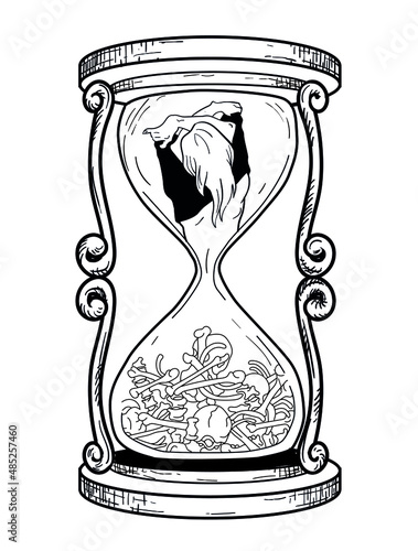 Vector illustraion of vintage hourglass with girl and bones, black outline style