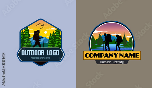 mountain forest river camping and outdoor activity logo