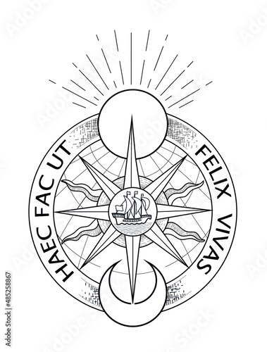 Vector illustration of  vintage compass with quote, sun, moon, earth and ship. Black outline style