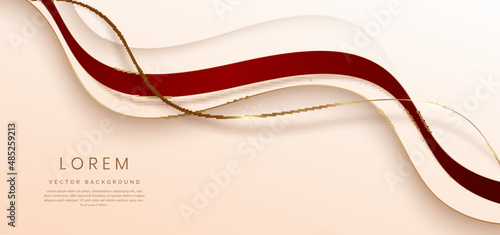 Abstract 3d light brown background with red ribbon gold lines curved wavy sparkle with copy space for text. Luxury style template design.