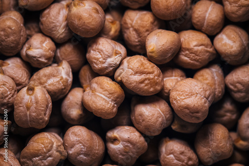 brown grains of large chickpeas shot close up macro dry cereals