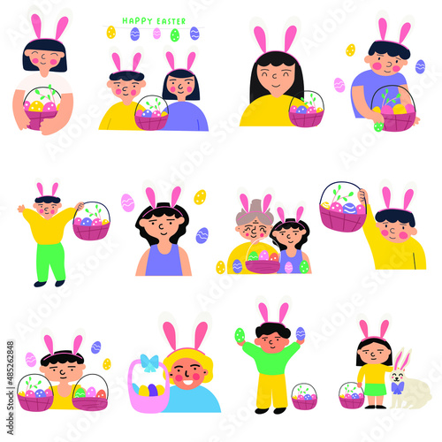 Collection of funny kids which celebrate Easter. Vector hand drawn illustrations on white background