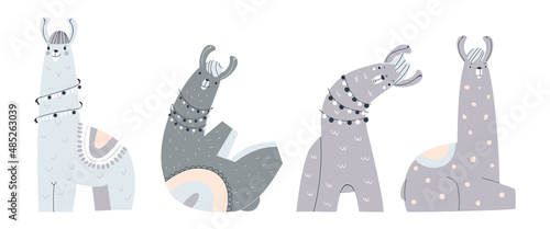 A set of weird Alpacas. Lamas stand, lie and look. Isolated on a white background. Vector illustration