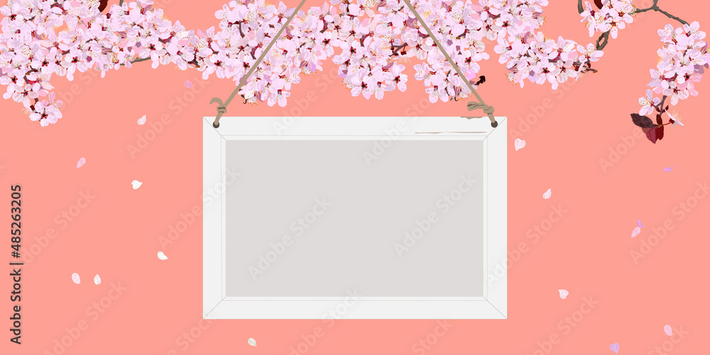 cherry blossom, spring flower, Message board hanging from cherry tree. copy space, vector illustration, web banner, header, sign, poster, flyer, frame, mockup