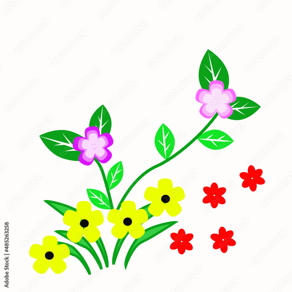 set of colorful flowers on twig and green leaves
