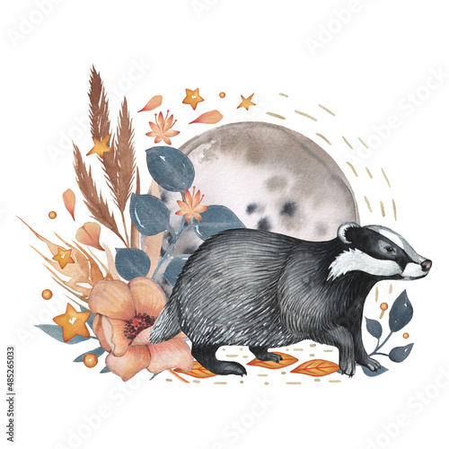 Fotografia Watercolor badger in the magical forest