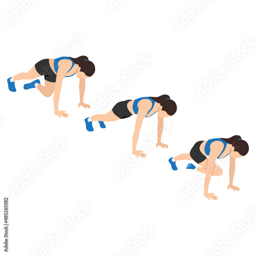 Woman doing Mountain climber twist exercise. Flat vector illustration isolated on white background