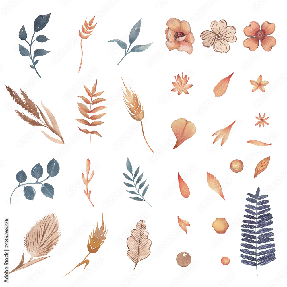 Watercolor flowers and leaves clipart Watercolor flowers and leaves clipart