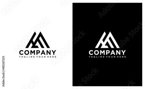 Monogram HE logo design with a circle shape and form the top of the mountain in the middle. on a black and white background.
