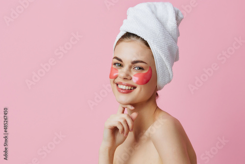 beautiful woman pink patches clean skin smile posing isolated background