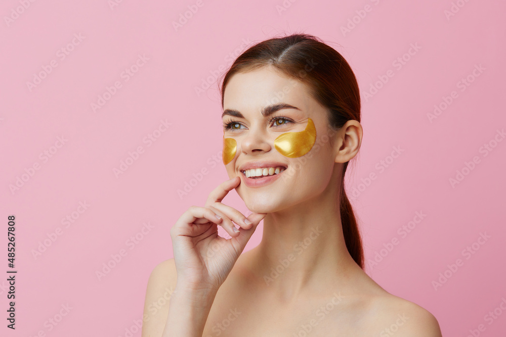 beautiful woman golden patches clean skin smile posing pink background beautiful woman golden patches clean skin smile posing pink background
