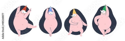 Hedgehog dancers. Four hedgehogs in colored paper caps staged a dance. Cute animals isolated on white background. Flat vector illustration.