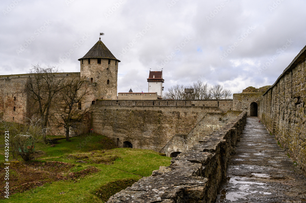 Fortress wall Ivangorod. Ivangorod fortress. History of Russia. fortress courtyard