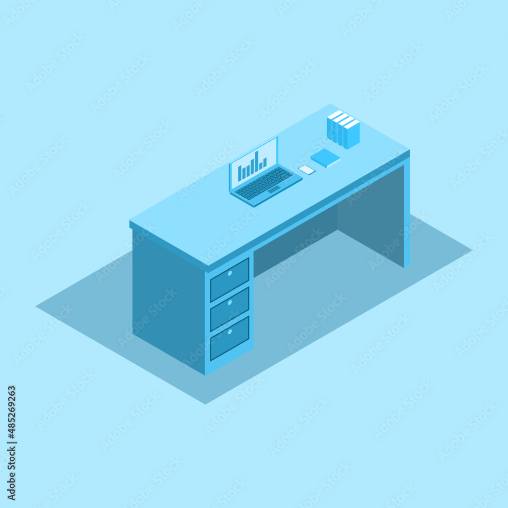 Isometric Vector Laptop Desk with books and cell phone Isometric Vector Laptop Desk with books and cell phone