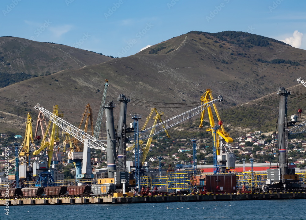 The work of a portal crane in the bay of the city of Novorossiysk on a clear day in summer