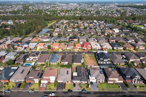 Aerial view of houses in outer suburban Sydney, Australia