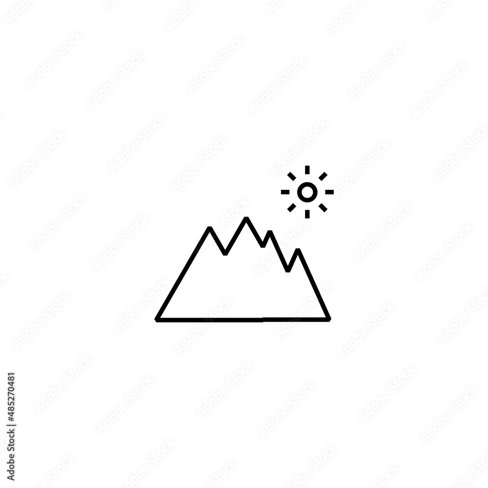 Travel, vacation and summer holiday concept. Vector outline symbol for sites, advertisement, stores etc. Line icon of sun over mountains Travel, vacation and summer holiday concept. Vector outline symbol for sites, advertisement, stores etc. Line icon of sun over mountains