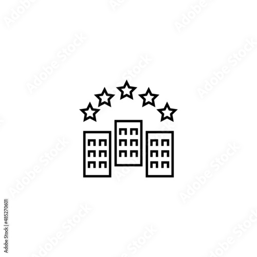 Travel, vacation and summer holiday concept. Vector outline symbol for sites, advertisement, stores etc. Line icon of five rated hotel
