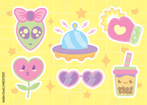 cute kawaii girly style sticker graphic elements illustration vector