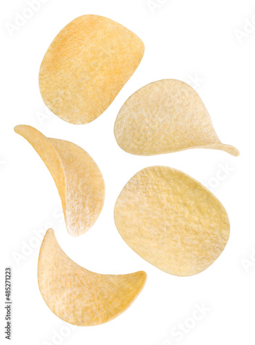 Potato chips falling, hanging, flying, soaring isolated on white background, set for packaging design. Full depth of field.
