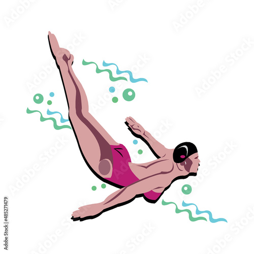 Swimming male. Fit swimmer training in the swimming pool. Dives into the water. Vector illustration.