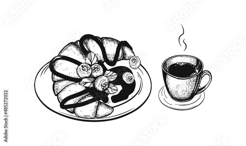 hot coffee mug and croissant vector sketch. french breakfast vector drawing. chocolate croissant with blueberries on plate vector. vector art eps