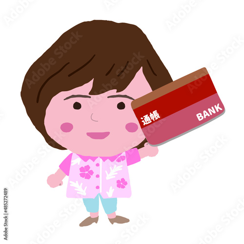 通帳を持つ沖縄のかりゆしウェアを着た女性　イラスト素材