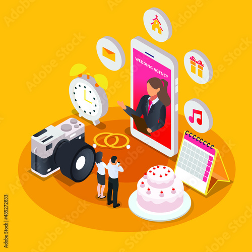 Couple making video call to their wedding consultant online isometric 3d vector illustration concept banner, website, landing page, ads, flyer template