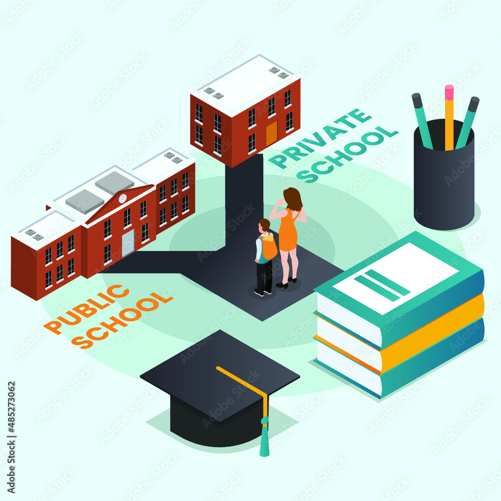Mother and son choosing public school or private school isometric 3d vector illustration concept banner, website, landing page, ads, flyer template