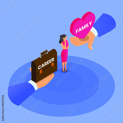 Woman try to choose between career or family isometric 3d vector illustration concept for banner, website, landing page, ads, flyer template