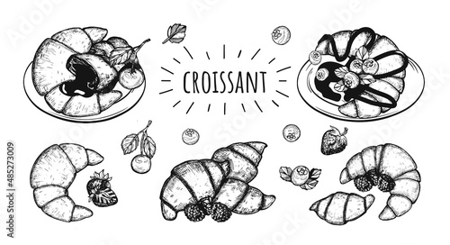 croissants doodle vector sketch. croissants on plate vector drawing. croissants with chocolate cream vector line. menu doodle vector art eps