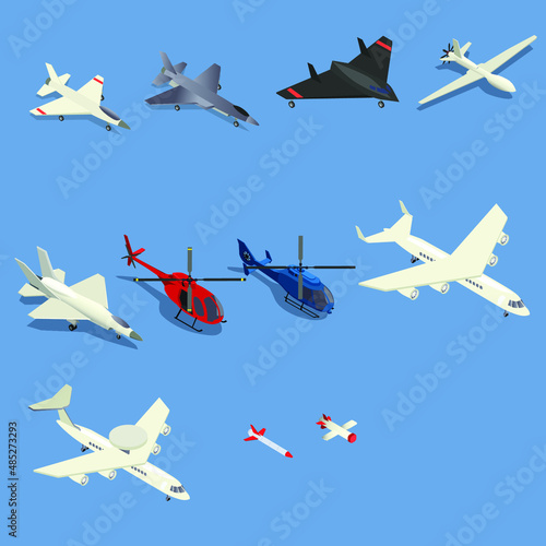 Combat and commercial airplane isometric 3d vector illustration concept banner, website, landing page, ads, flyer template