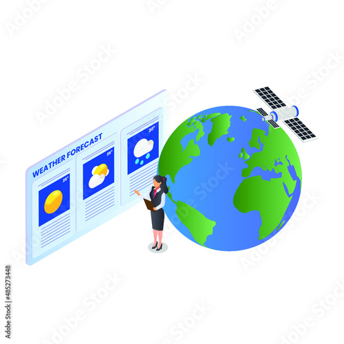 Tv weather forecast reporter isometric 3d vector illustration concept banner, website, landing page, ads, flyer template