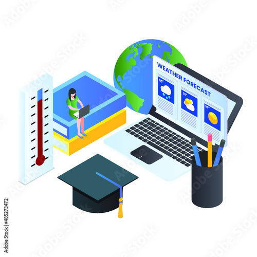 Woman learning bachelor of science in meteorology isometric 3d vector illustration concept banner, website, landing page, ads, flyer template