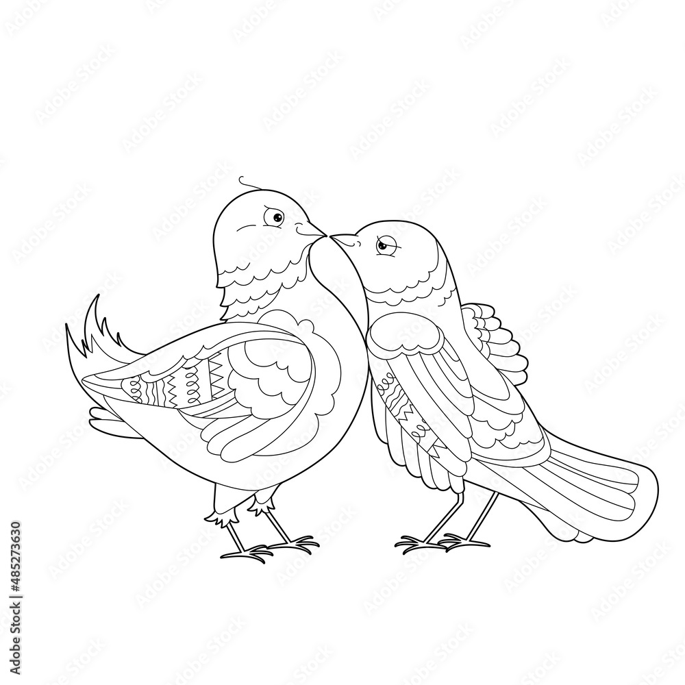 Fototapeta premium Contour linear illustration for coloring book with two pretty birds. Beautiful cute couple, anti stress picture. Line art design for adult or kids in zen-tangle style, tattoo and coloring page