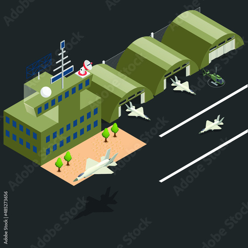 Military air base isometric 3d vector illustration concept banner, website, landing page, ads, flyer template