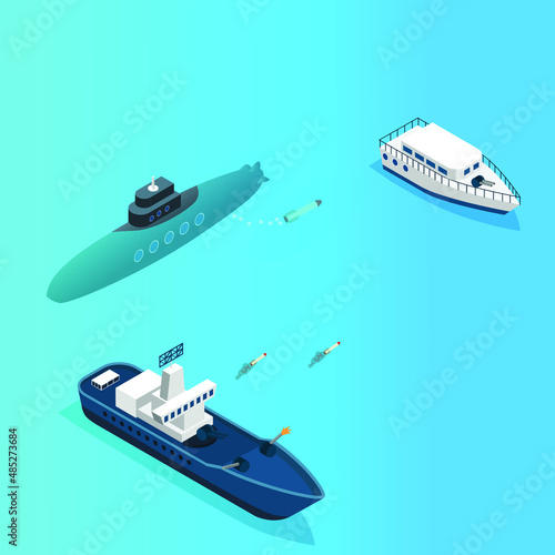 Sea combat isometric 3d vector illustration concept banner, website, landing page, ads, flyer template