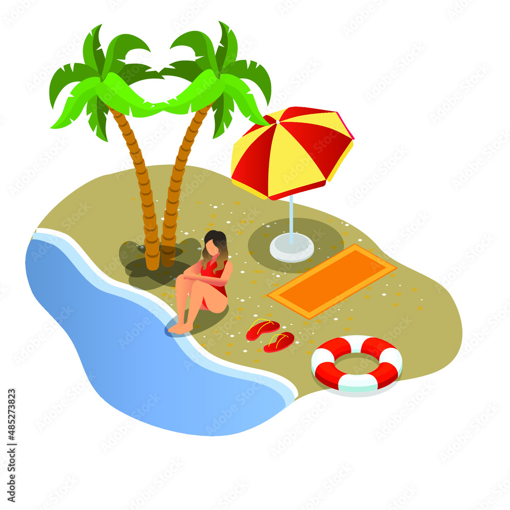 Woman relaxing on beach isometric 3d vector illustration concept banner, website, landing page, ads, flyer template Woman relaxing on beach isometric 3d vector illustration concept banner, website, landing page, ads, flyer template