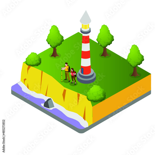 Couple walking by sea cliff isometric 3d vector illustration concept banner, website, landing page, ads, flyer template