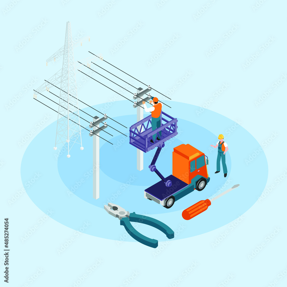 High voltage electricians in the cable car doing maintenance isometric 3d vector illustration concept banner, website, landing page, ads, flyer template