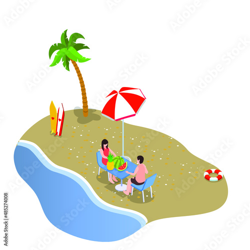 Couple eating fruits on beach isometric 3d vector illustration concept banner, website, landing page, ads, flyer template
