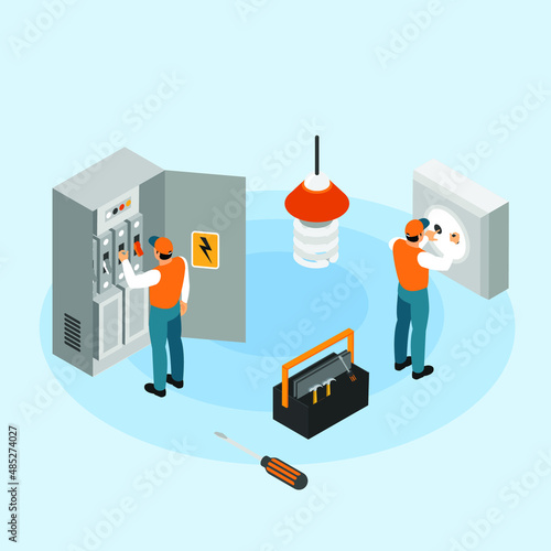 Electricity box power maintenance by technicians isometric 3d vector illustration concept banner, website, landing page, ads, flyer template