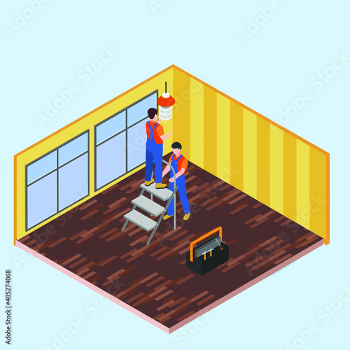 Electrician fixing light bulb at home isometric 3d vector illustration concept banner, website, landing page, ads, flyer template