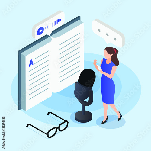 Storytelling online isometric 3d vector illustration concept banner, website, landing page, ads, flyer template