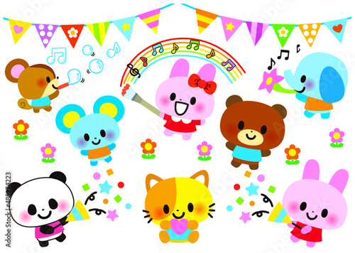動物,誕生日,子供,バレンタイン,パーティー,幼稚園,保育園,保育,クリスマス,かわいい,イラスト,セット,春,入園式,どうぶつ,おめでとう,園児,小学校,小学生,保育所,ねこ,ウサギ,ネコ,虹,ハート,ハッピーバースデー,ねずみ,楽しい,音楽,ぞう,