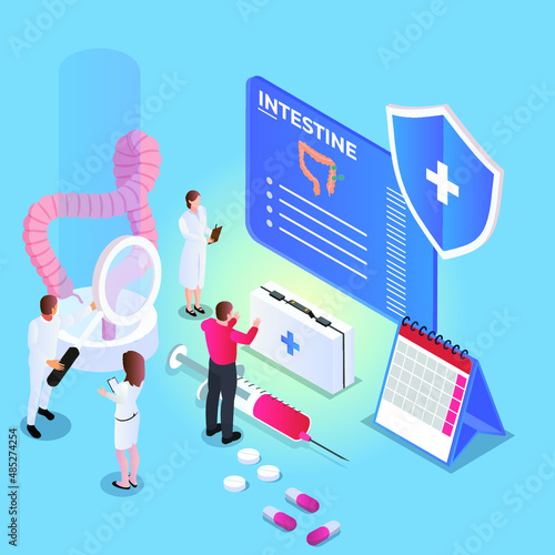 Doctor diagnosing patient intestine isometric 3d vector illustration concept banner, website, landing page, ads, flyer template