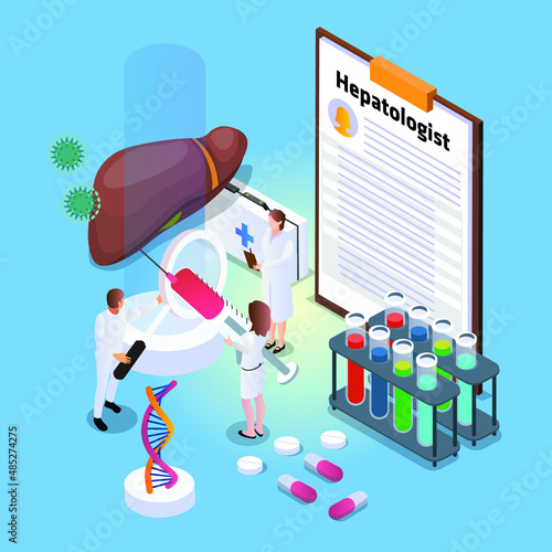 Doctors looking through a magnifying glass at intestine to treat Dysbiosis isometric 3d vector illustration concept banner, website, landing page, ads, flyer template