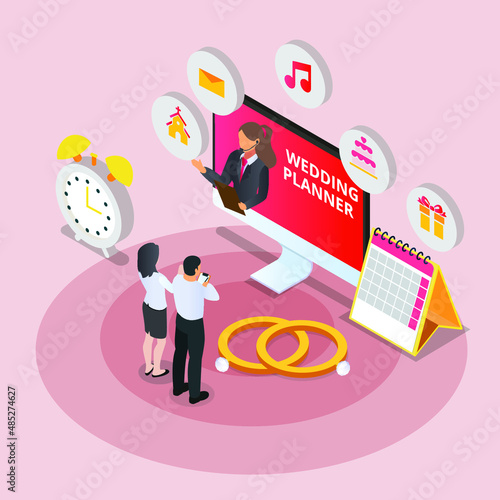 Wedding planner or organizer isometric 3d vector illustration concept banner, website, landing page, ads, flyer template