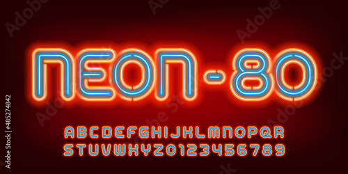 Neon-80 alphabet font. Two color neon light letters, numbers and symbols. Stock vector typescript for your design.